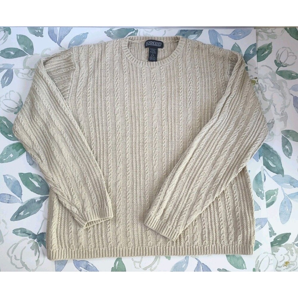 Sz S 6-8 Vintage Lands End Linen Cotton Tan Cable Knit Crewneck Pullover Sweater